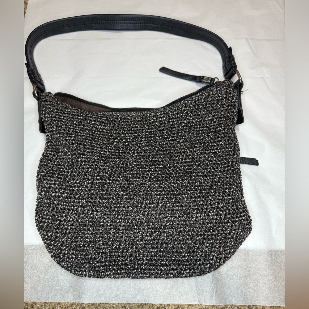 The Sak Sequoia Black Crochet Purse Handbag Leather Shoulder Strap boho